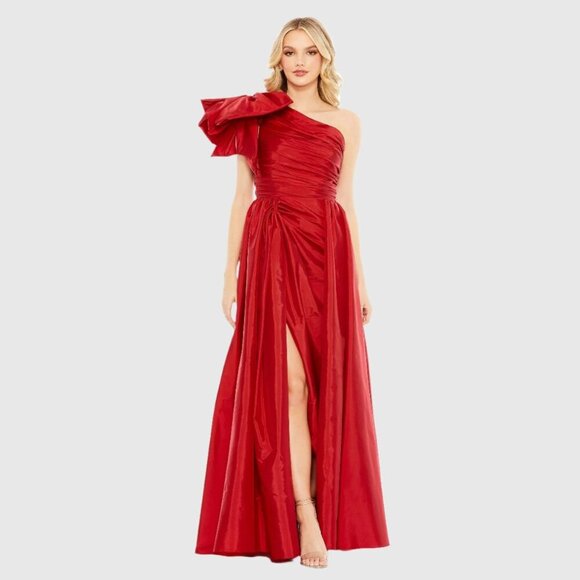 NWT Mac Duggal Draped Bow One Shoulder Over Skirt Gown Burgundy 4 - Picture 1 of 8
